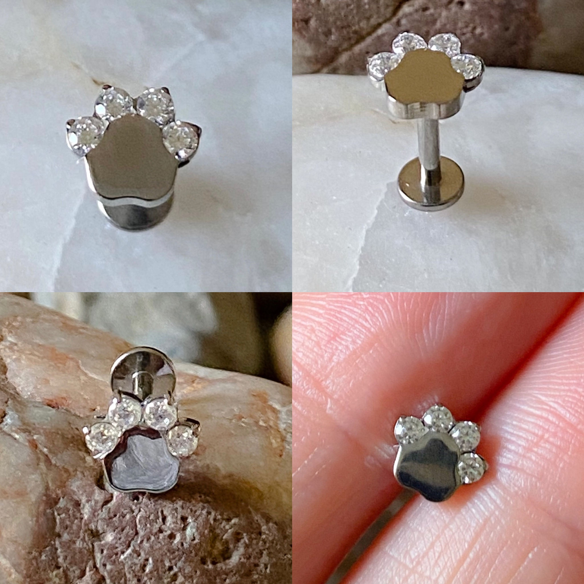 ASTM F136 Titanium Cubic Zirconia Gem Paw Print Labret Helix Conch Cartilage Tra