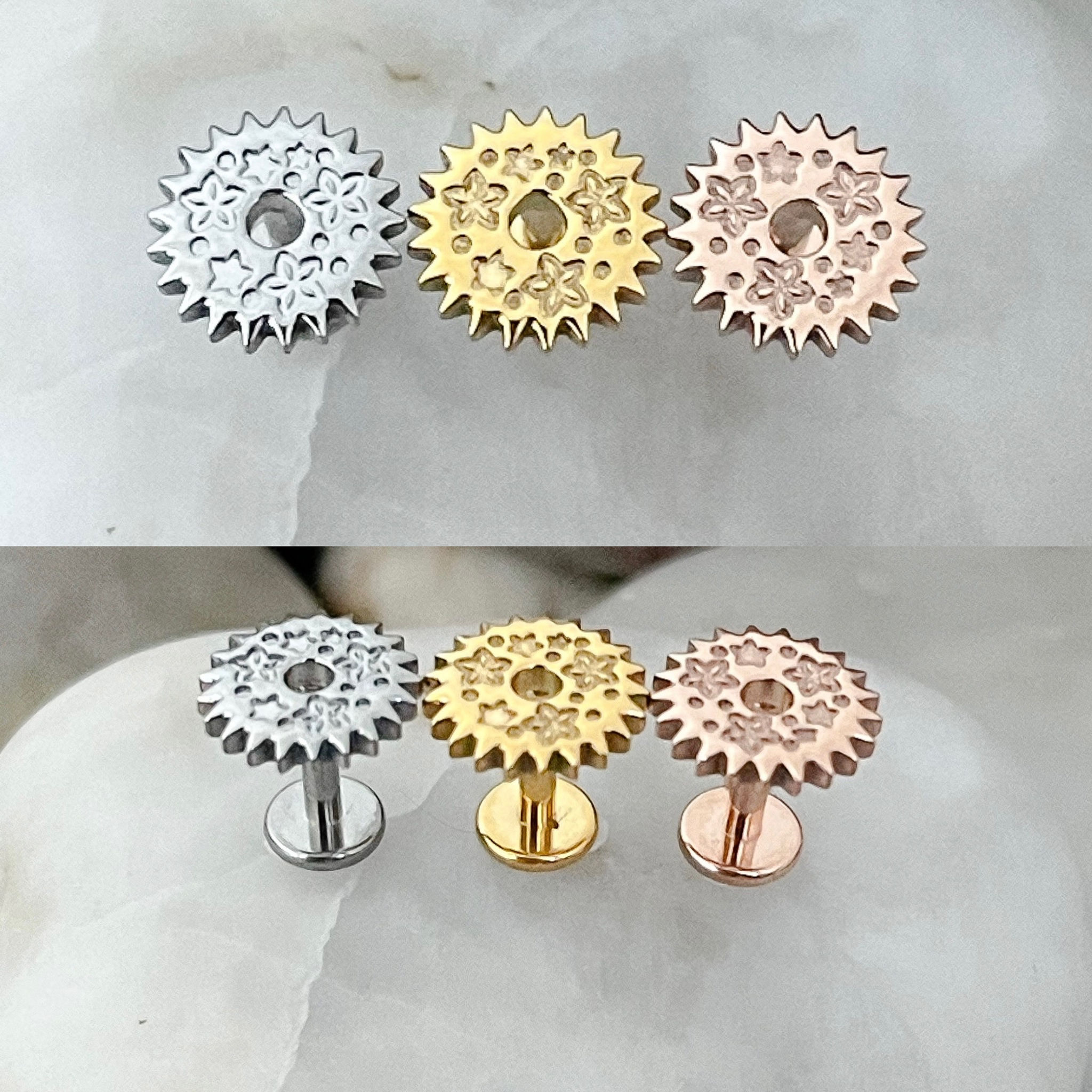 ASTM F136 Titanium Engraved Flower & Star Mandala Sun Effect Labret 1.2mm 6/8mm