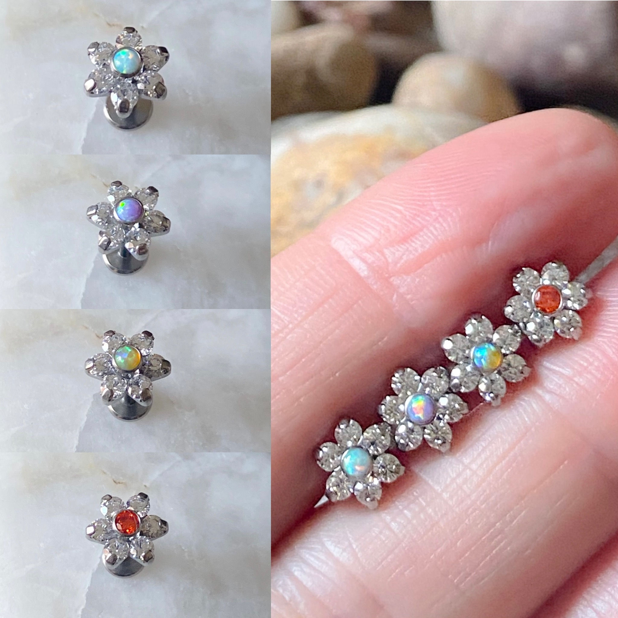 ASTM F136 Titanium Opal & Gem Flower Cluster Labret Helix Conch Monroe Tragus