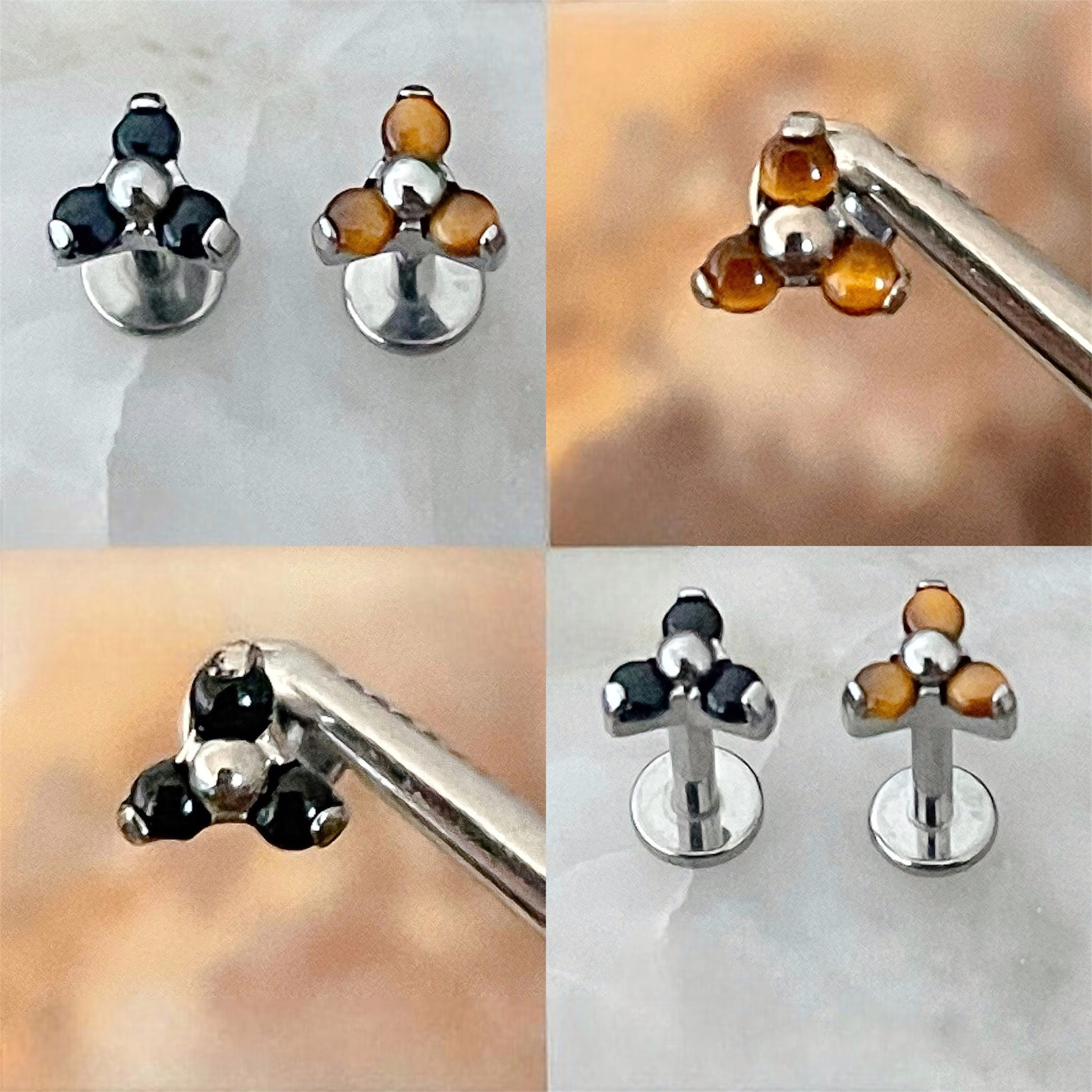 ASTM F136 Titanium Natural Stone Tiger Eye / Black Onyx Trinity Prong Set Labret