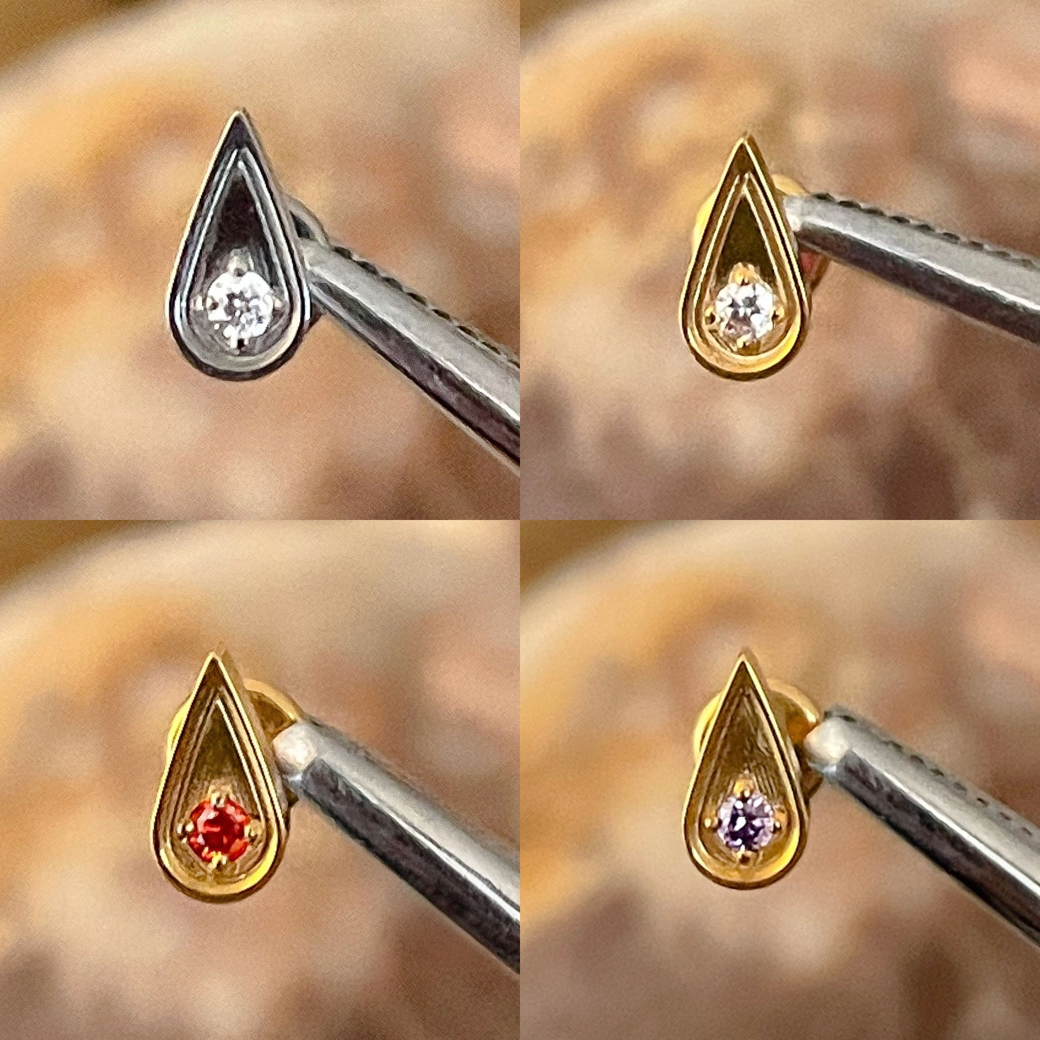 ASTM F136 Titanium Teardrop Pear Cubic Zirconia Gem Centre Labret 1.2mm 6/8mm