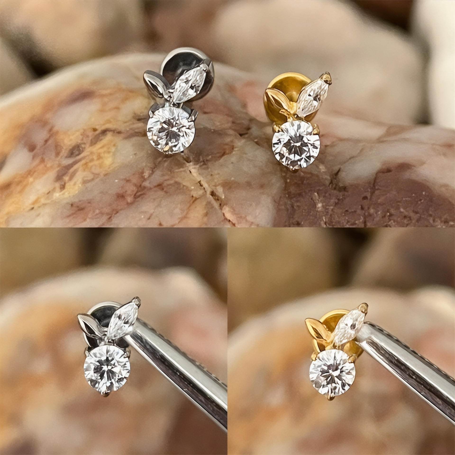 ASTM F136 Titanium Round & Marquise Cubic Zirconia Gem Leaf Petal Effect Labret