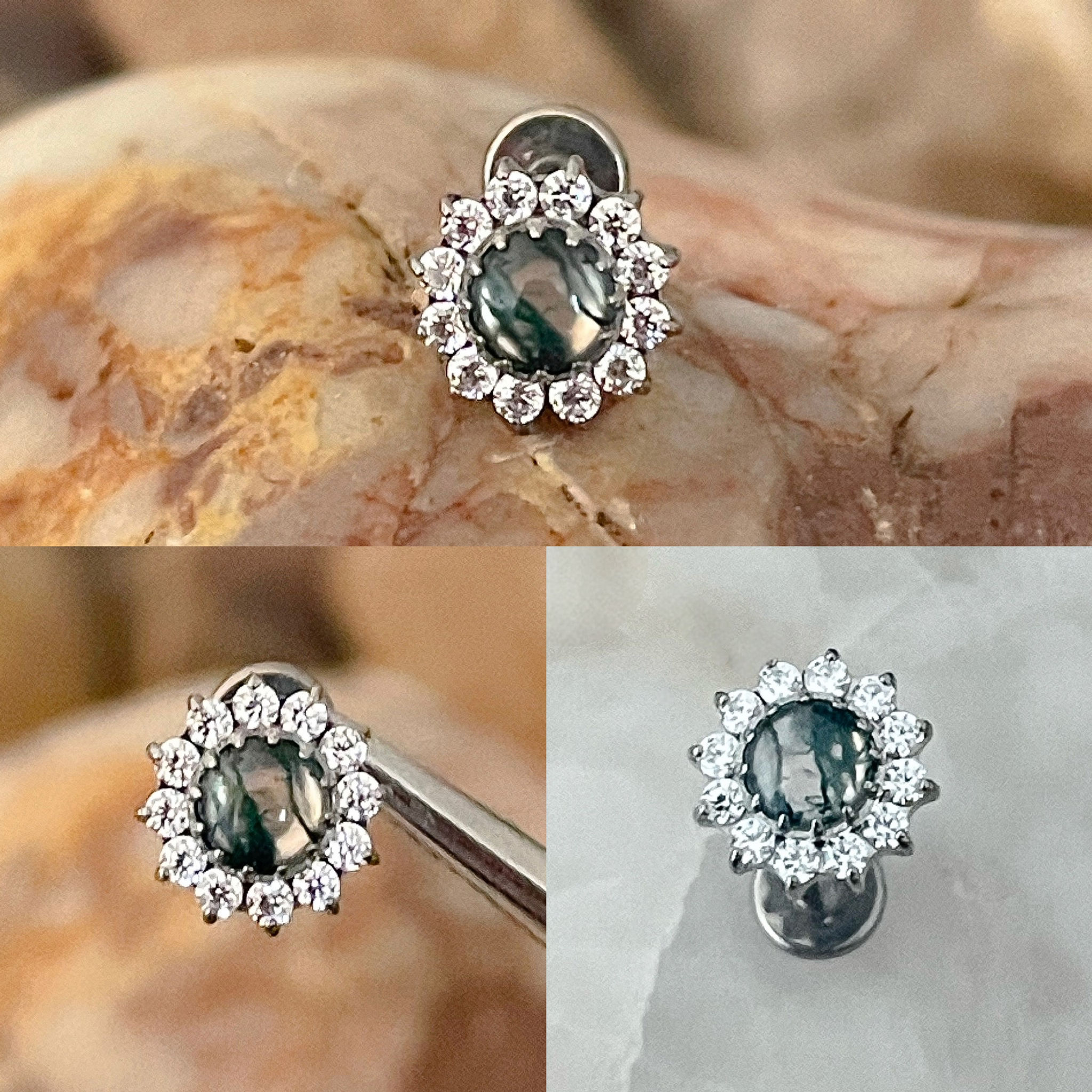 ASTM F136 Titanium Natural Stone Moss Agate & Gem Round Flower Cluster Labret