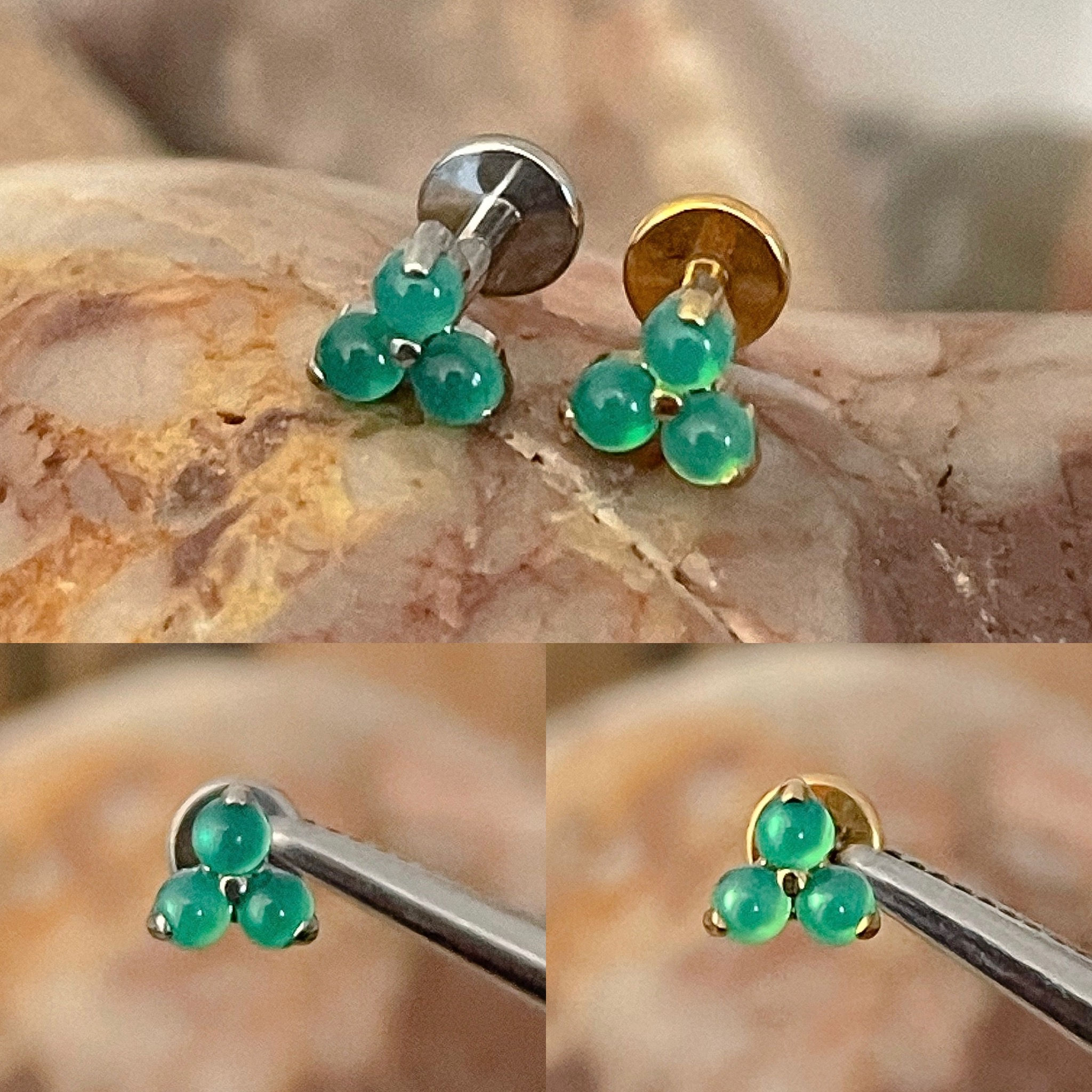 ASTM F136 Titanium Natural Stone Green Aventurine Trinity Prong Set Labret