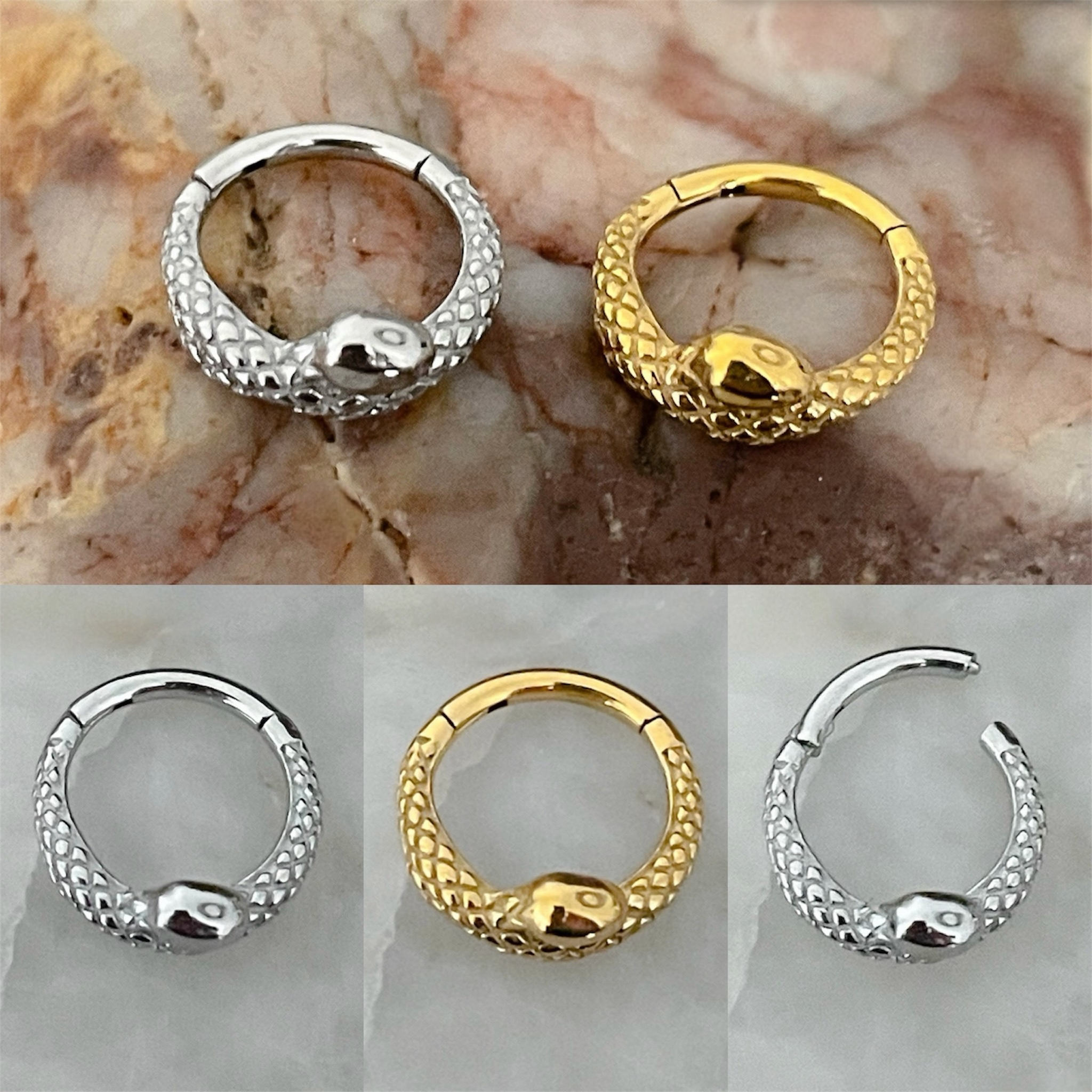 Wrapped Patterned Snake Hinged Septum Clicker Daith Rook Ear Ring 1.2mm