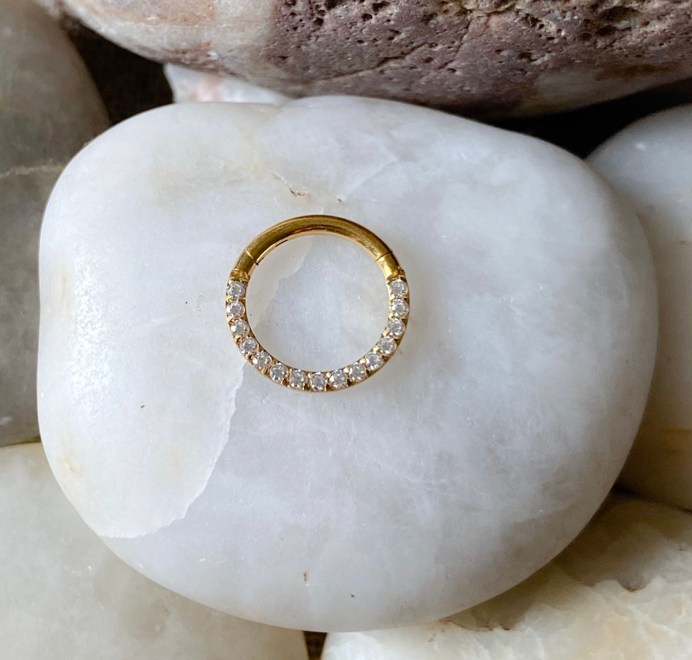 Gold Paved Gem Front Facing Hinged Septum Clicker Daith Rook 1.2mm 8mm
