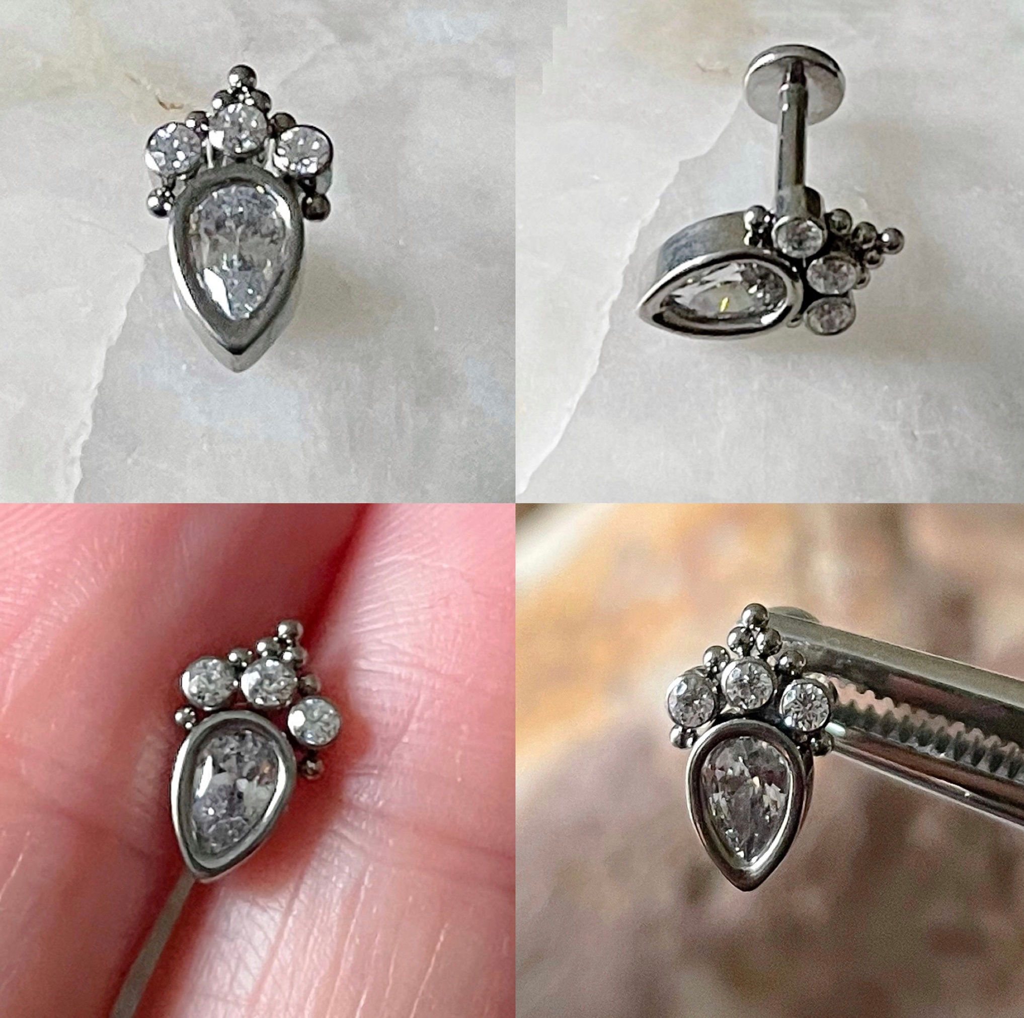 ASTM F136 Titanium Teardrop & Triple Gem Beaded Labret Tragus Monroe 1.2mm 6/8mm