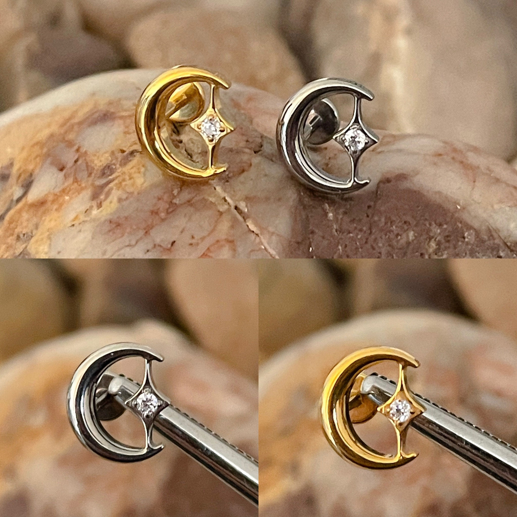 ASTM F136 Titanium Large Moon Crescent & Pointed Star Gem Centre Effect Labret