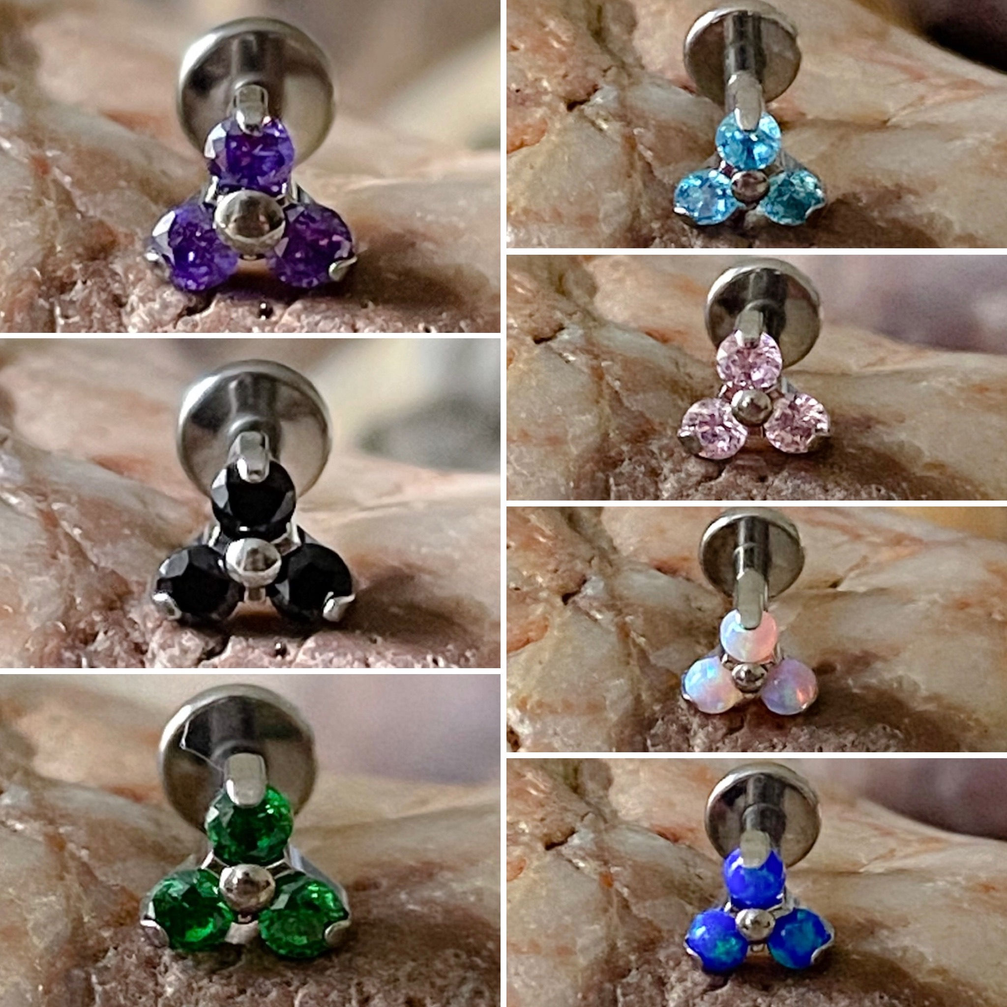 ASTM F136 Titanium Opal or Gem Trinity Prong Set Labret Helix Conch Car