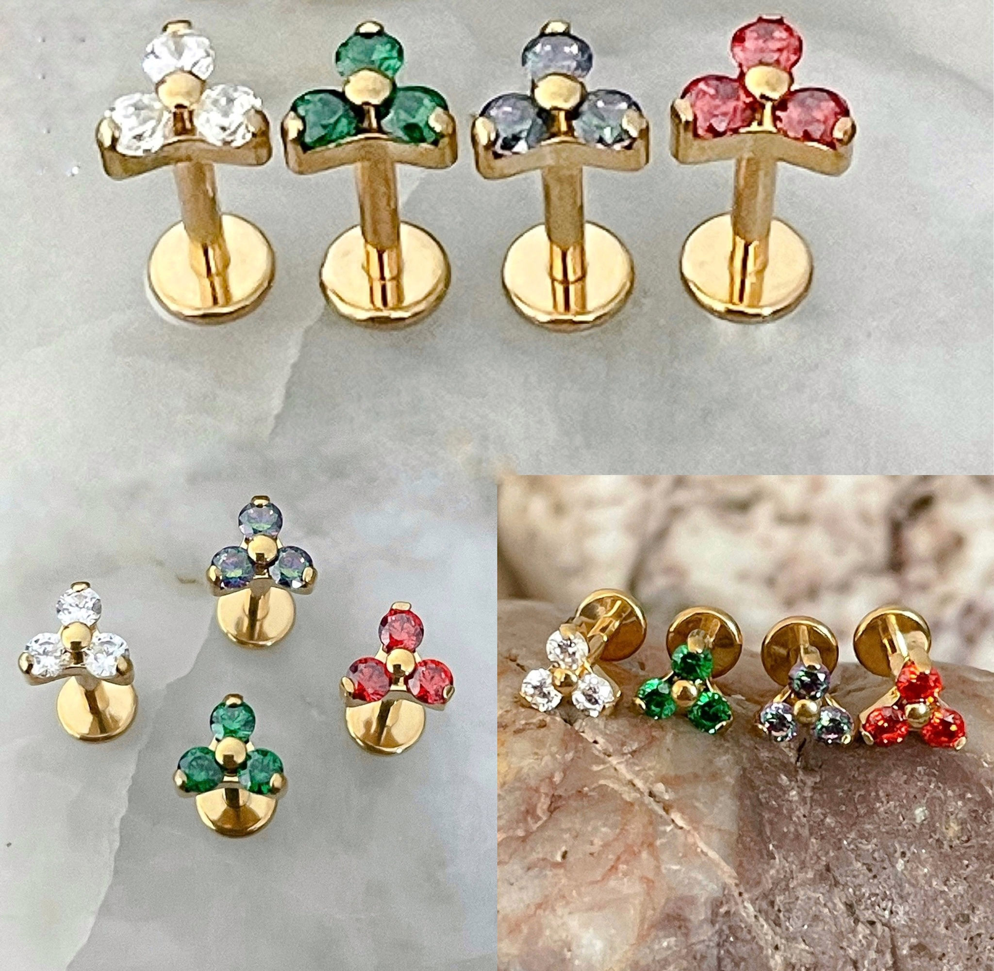 ASTM F136 Titanium Gold Gem Trinity Claw Labret Helix Conch Cartilage Tragus