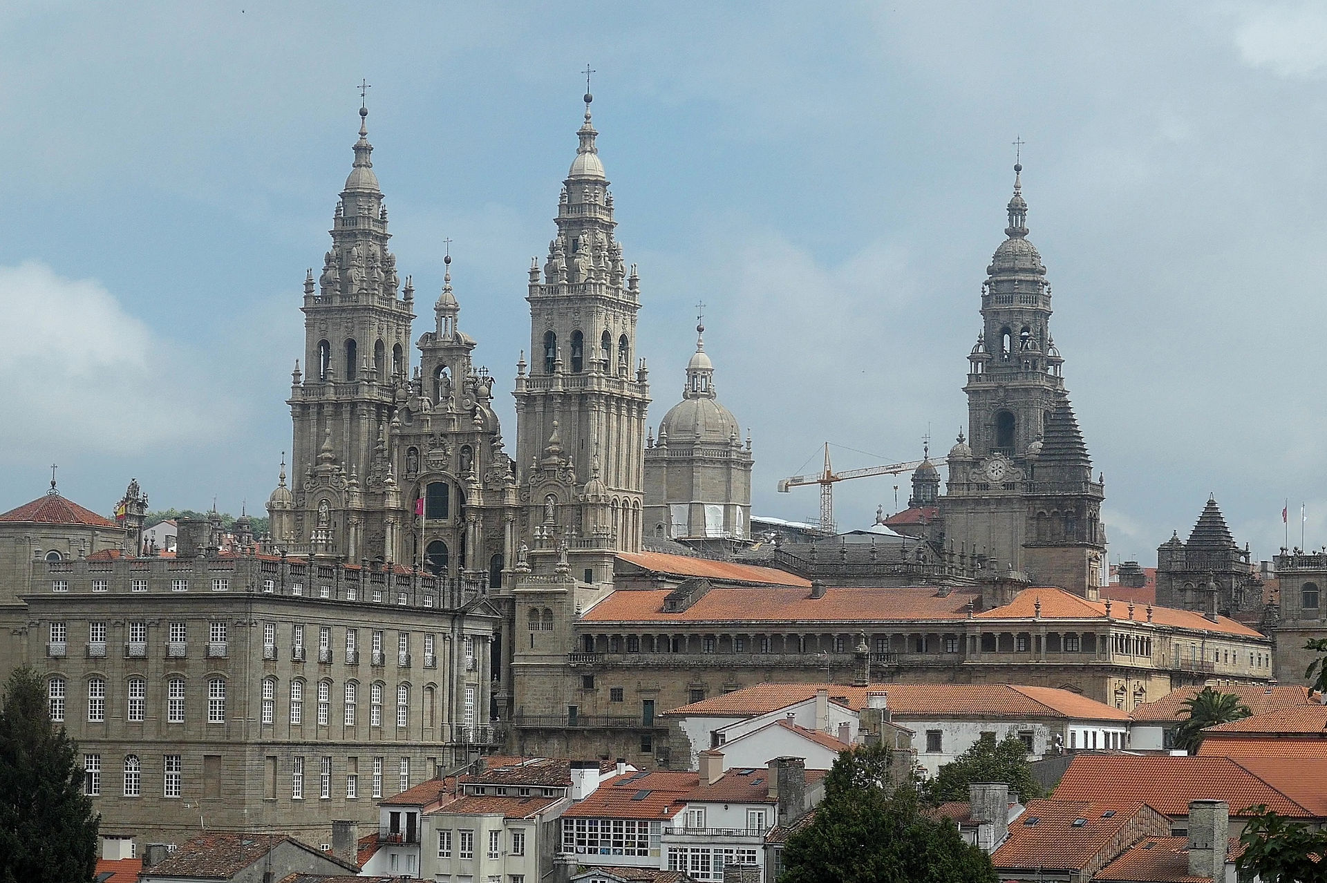 This is a view of the Cathedral in Santiago de Compostela from near Monte de Gozo.