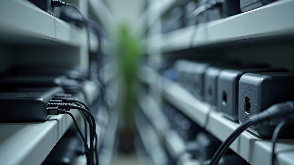 Close-up view of phone chargers and cables neatly arranged on shelves