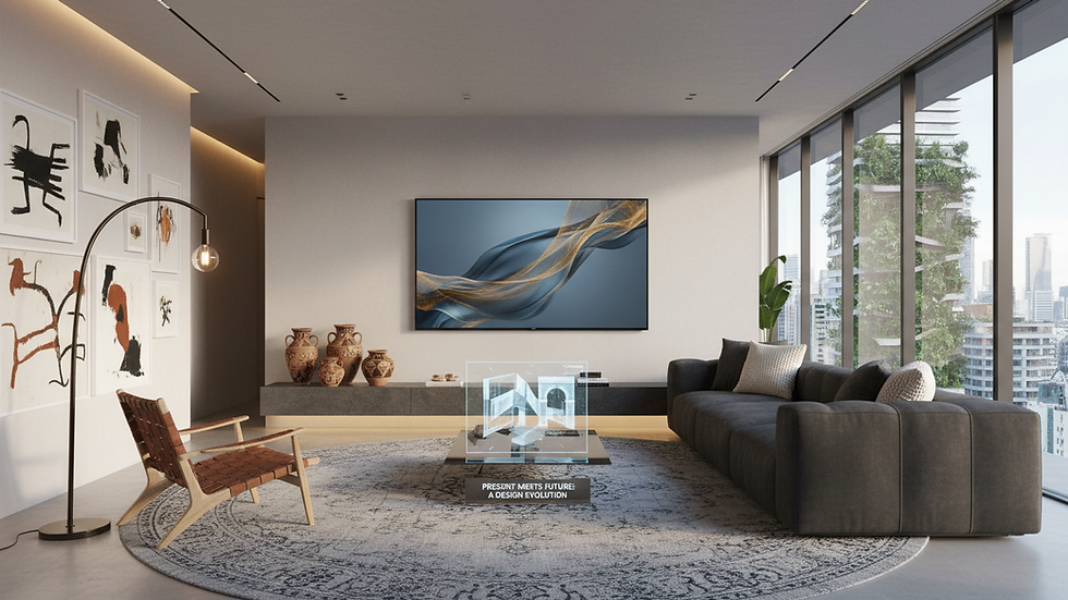 Eye-level view of a modern living room with a cozy sofa and stylish decor