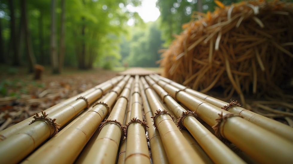 Eye-level view of bamboo stalks bundled for construction