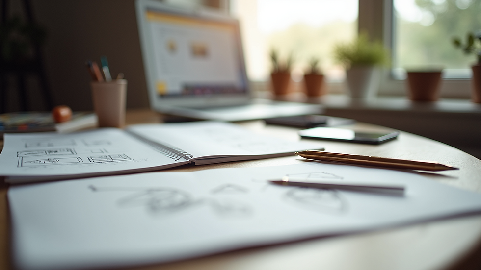 Eye-level view of a minimalist workspace with design sketches and tools