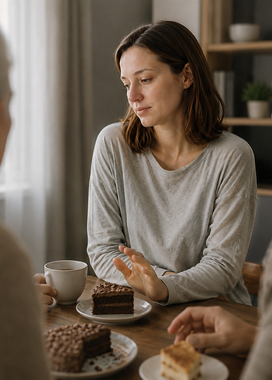 Ernährungsberatung bei Magersucht - Frau lehnt Kuchen ab