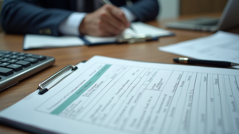 Eye-level view of a desk with a ledger and financial documents