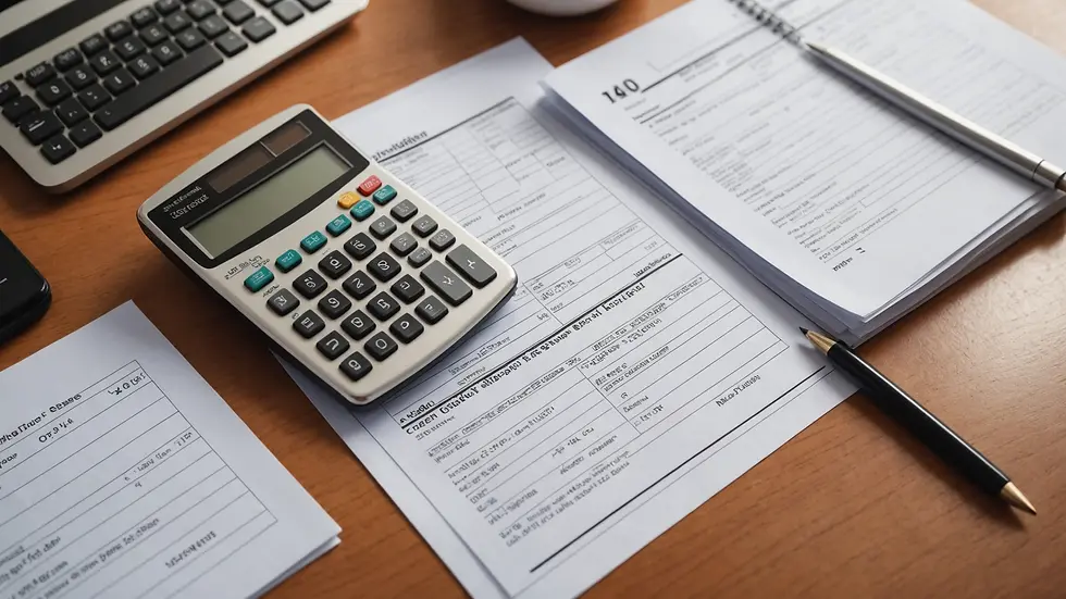 High angle view of stacks of financial papers and a calculator on a table