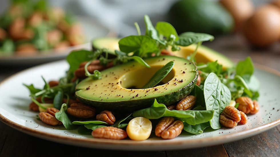 Close-up view of a colorful plate with hormone-balancing foods like avocado, nuts, and leafy greens