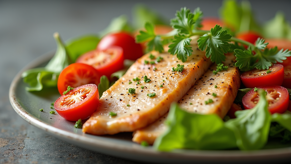 Close-up view of a colorful plate with fresh vegetables and lean protein