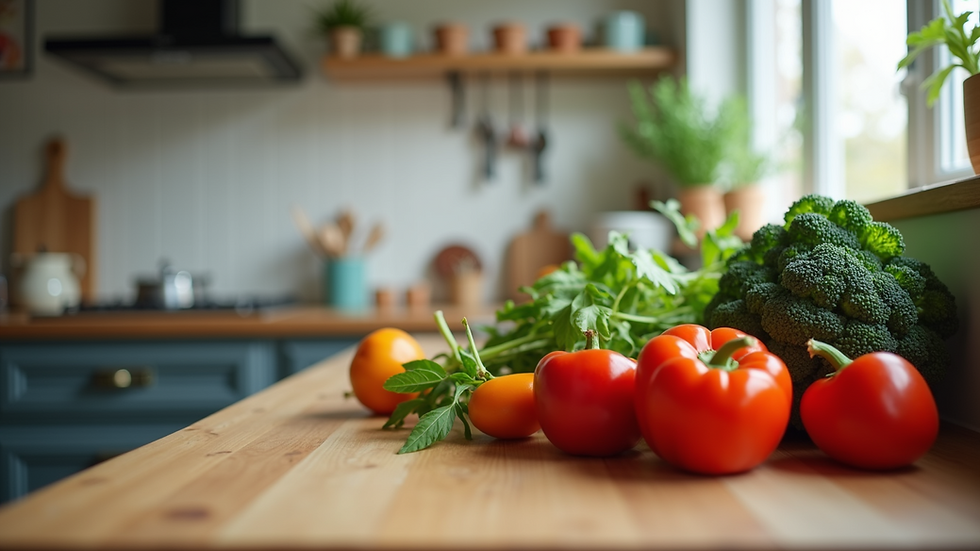 Eye-level view of a cozy kitchen with fresh vegetables on the counter