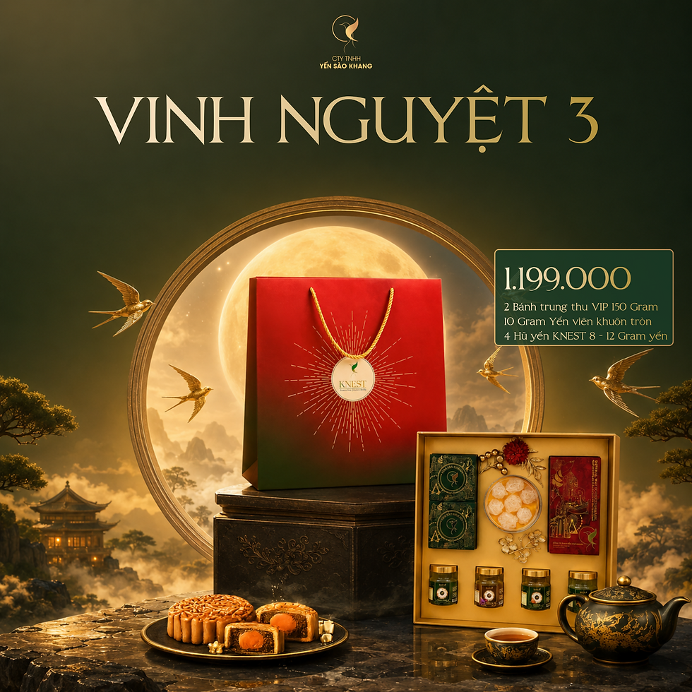 Poster bánh trung thu Vinh Nguyệt 3, hộp quà đỏ và set trà bánh trên nền trăng vàng; giá 1.199.000.