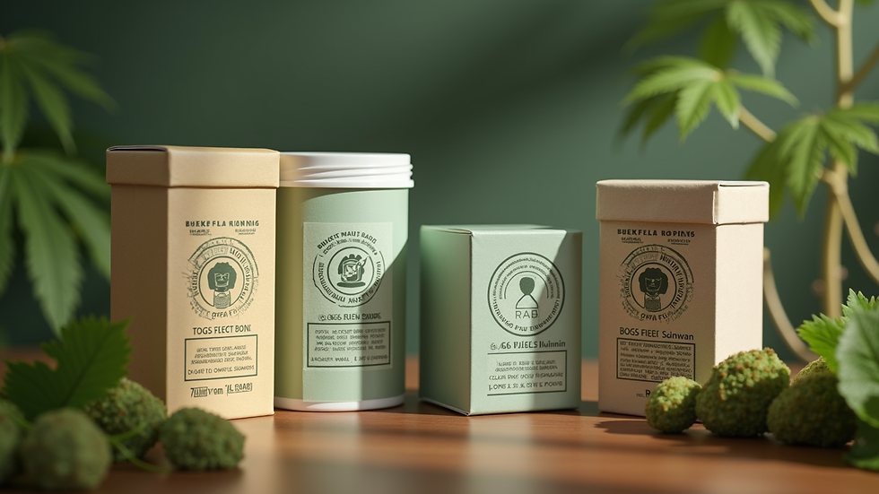 Eye-level view of cannabis product packaging with compliant labels