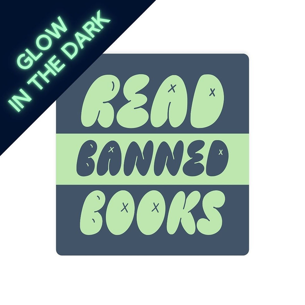 mockup of glow-in-the-dark sticker that says "Read Banned Books" - color block of denim blue-grey with the words knocked out