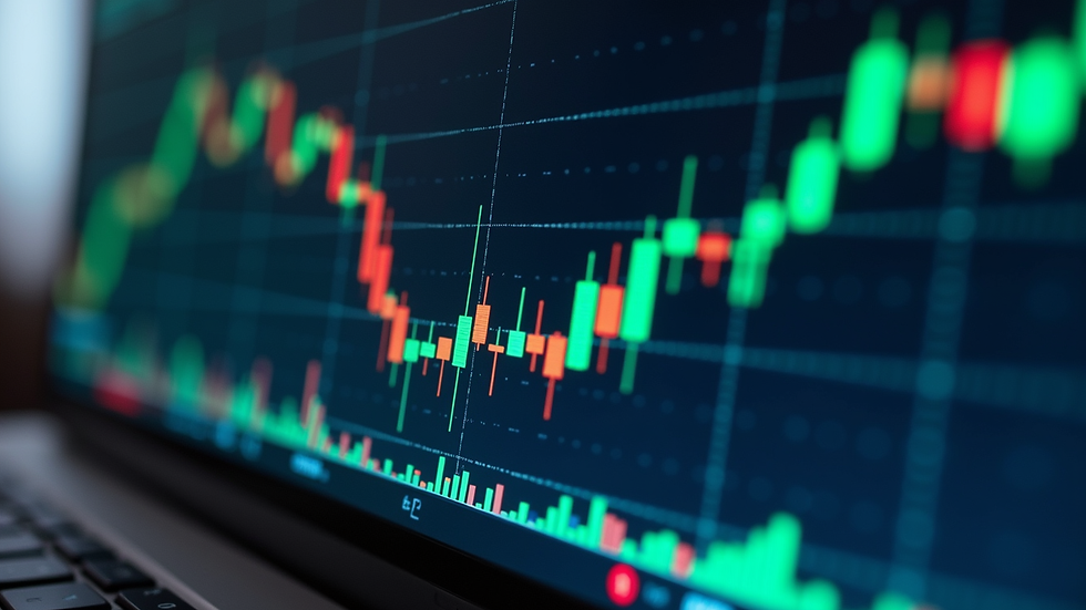 Eye-level view of a computer screen showing candlestick charts and trading indicators