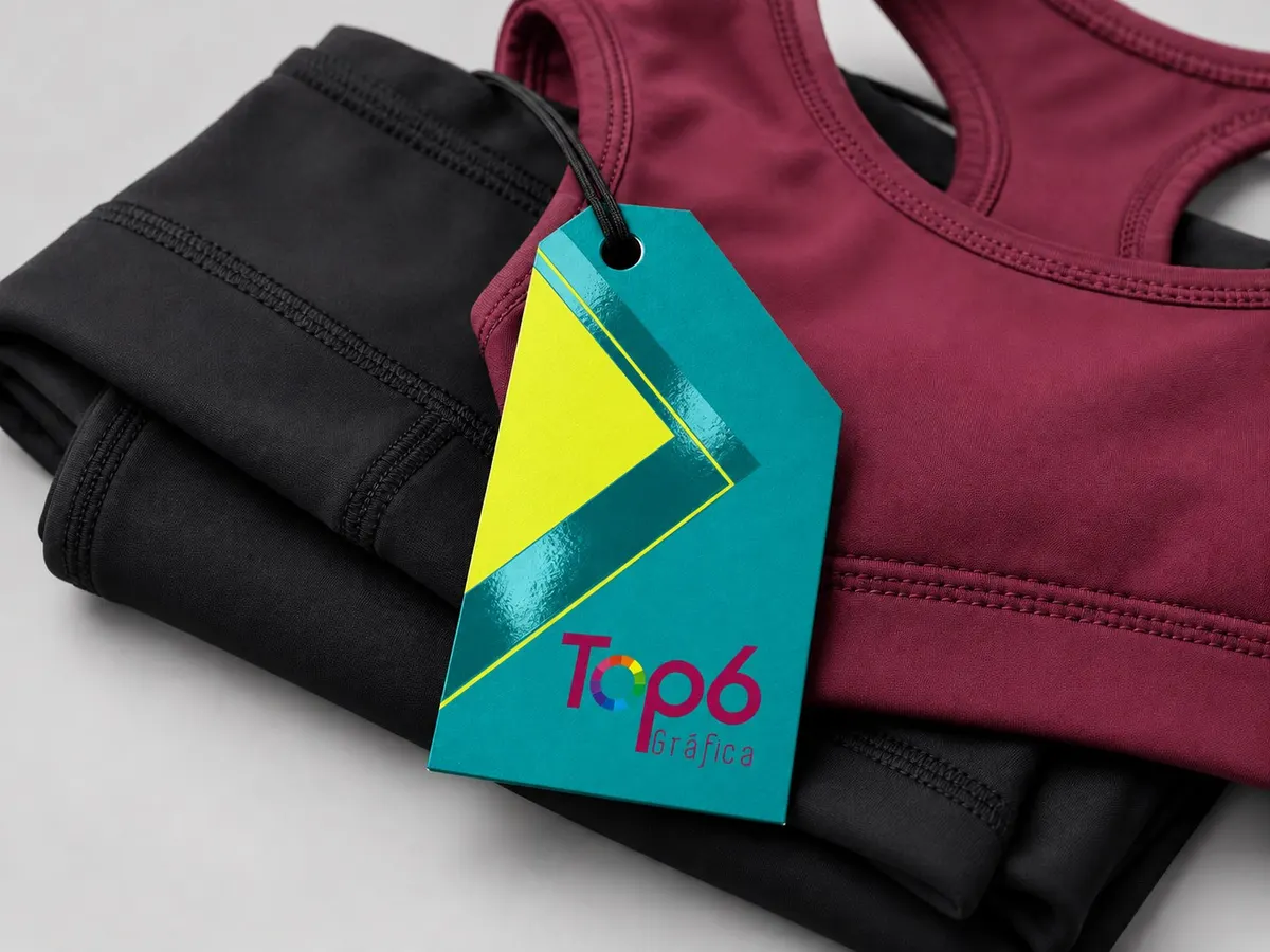 Tag turquesa e amarela para moda fitness, com verniz localizado