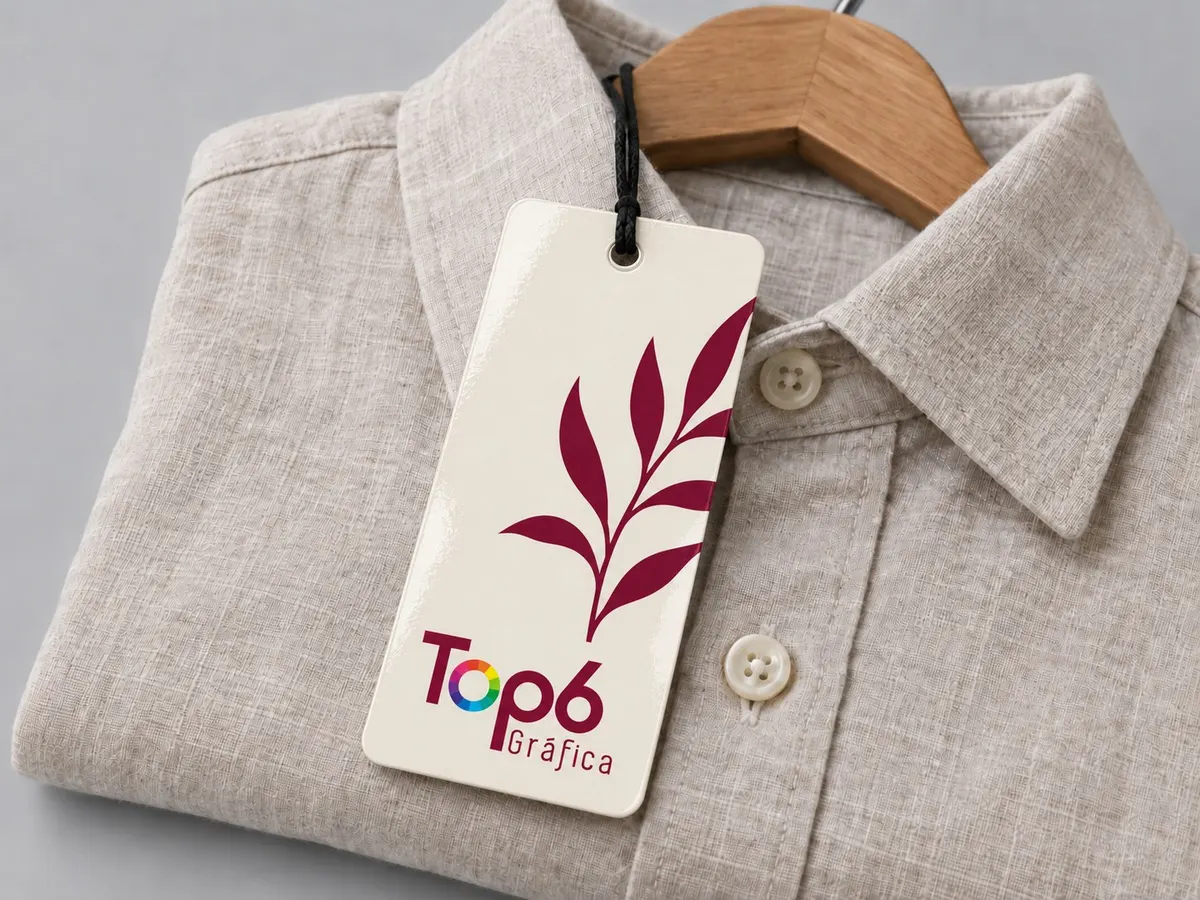 Tag off-white e vinho em camisa de linho, com laminação brilho