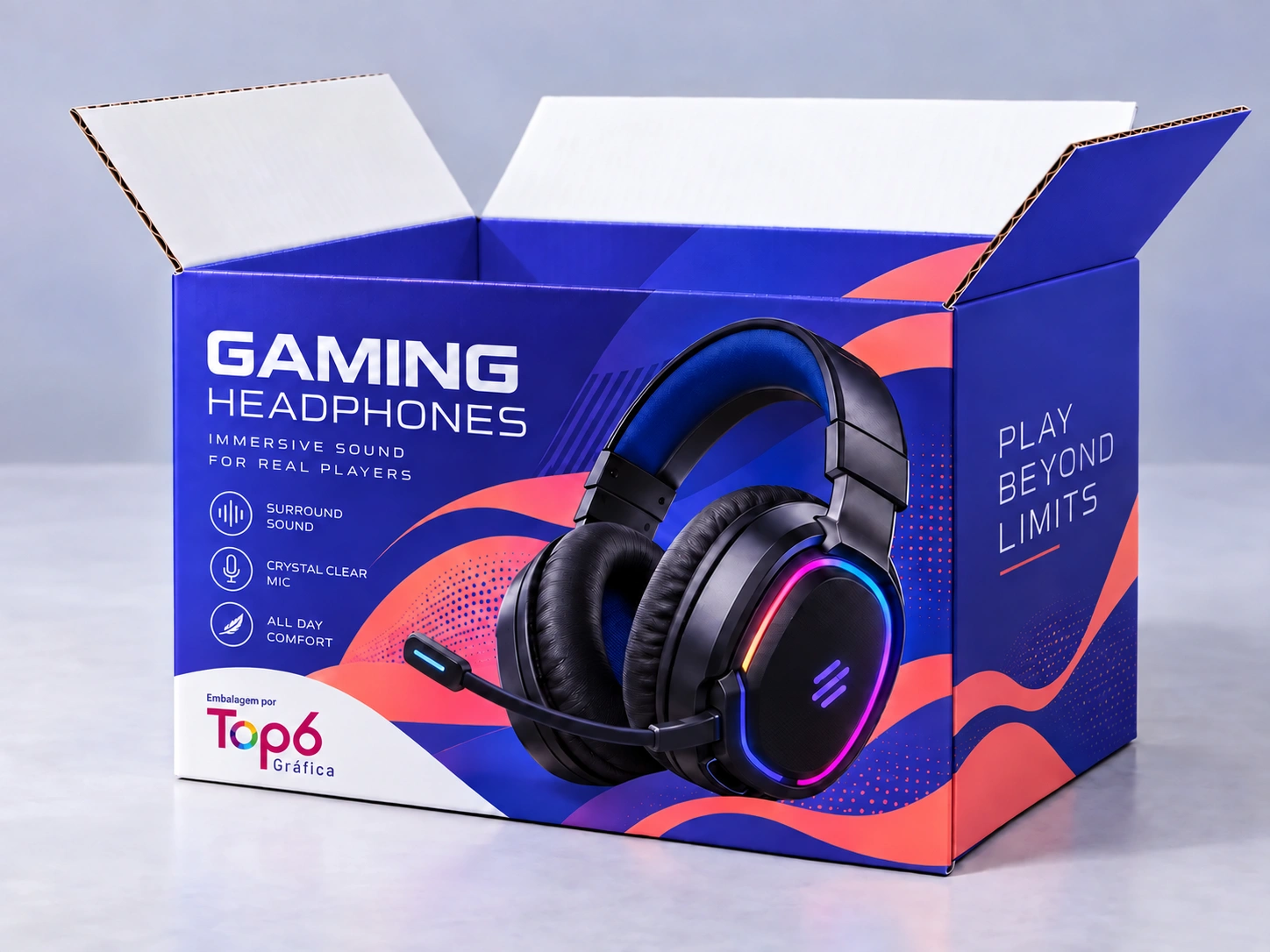 Caixa micro-ondulada para fones gamer com interior branco