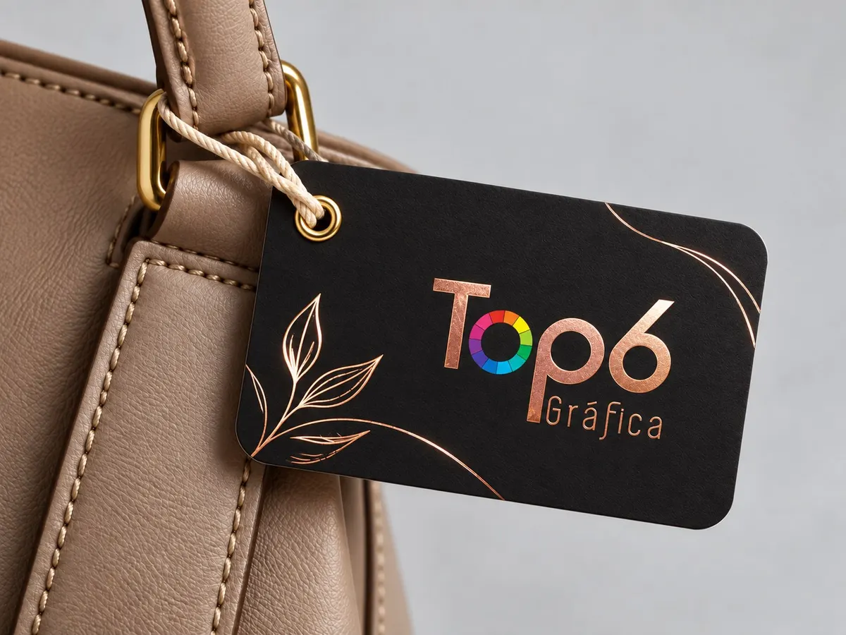 Tag preta com hot stamping rosé presa a bolsa