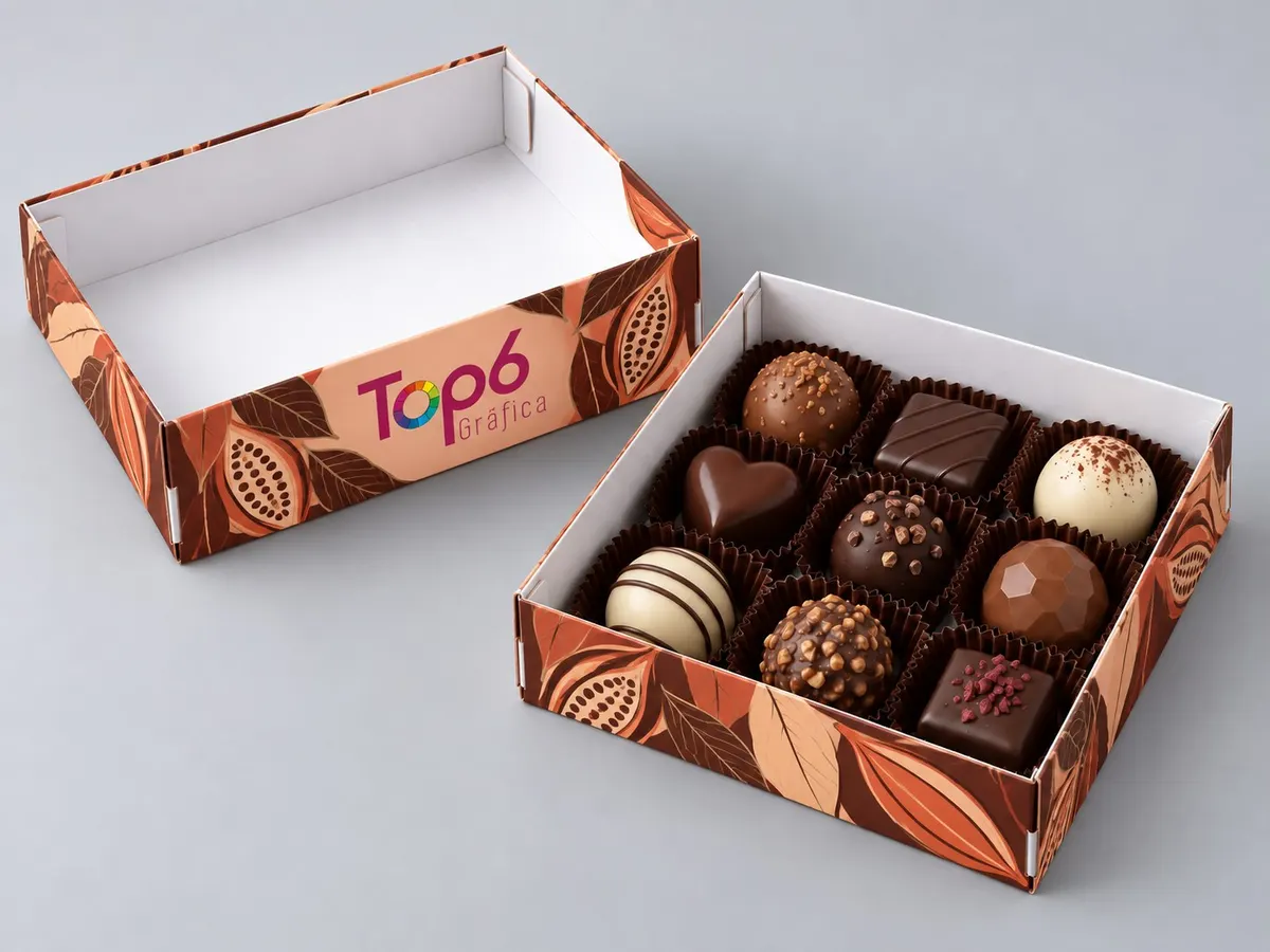 Caixa tampa e fundo para chocolates, com interior branco