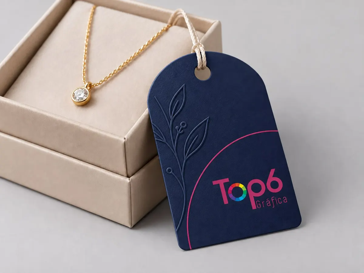 Tag azul escura para semijoias, com relevo no desenho floral