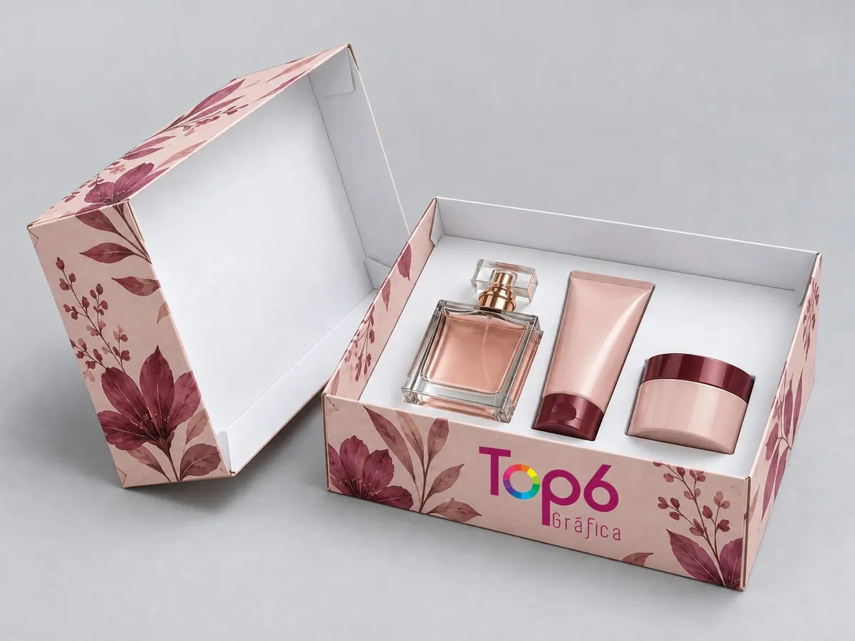 Caixa tampa e fundo para cosméticos e perfumaria, com interior branco