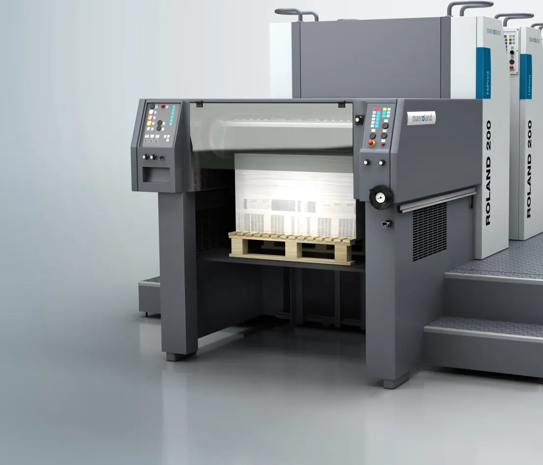 Vista da alimentação de papel da impressora Roland