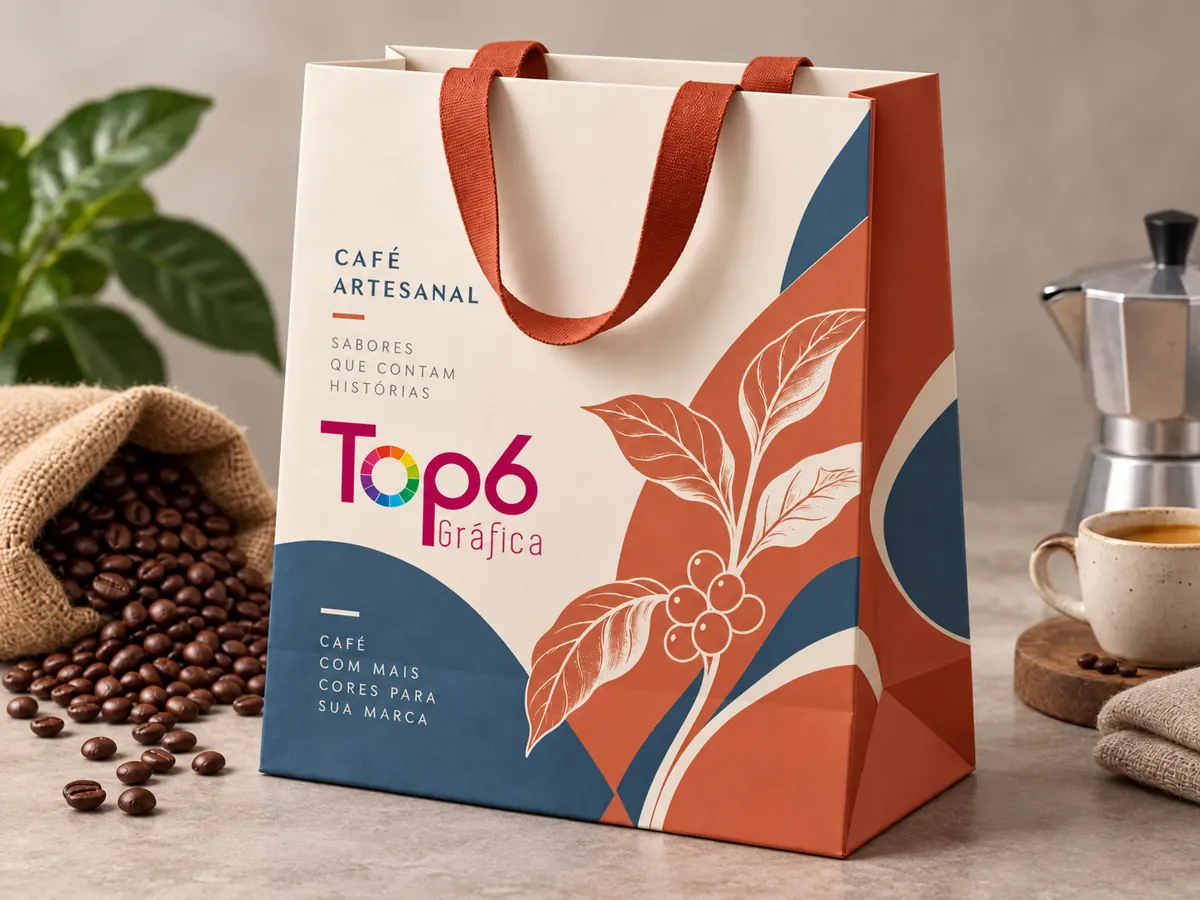 Sacola de papel TOP6 em terracota e azul
