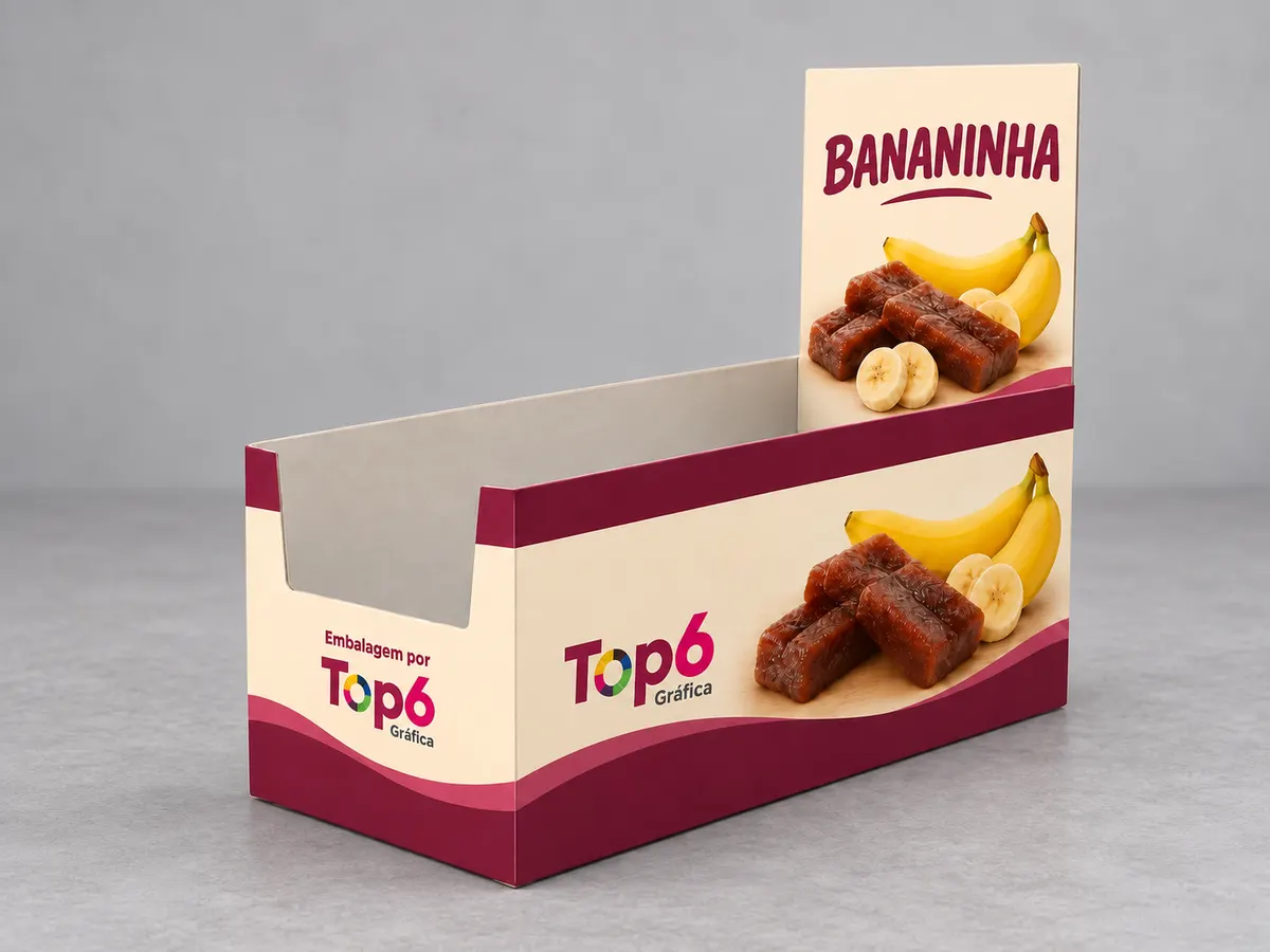 Caixa display TOP6 para bananinha, aberta e montada