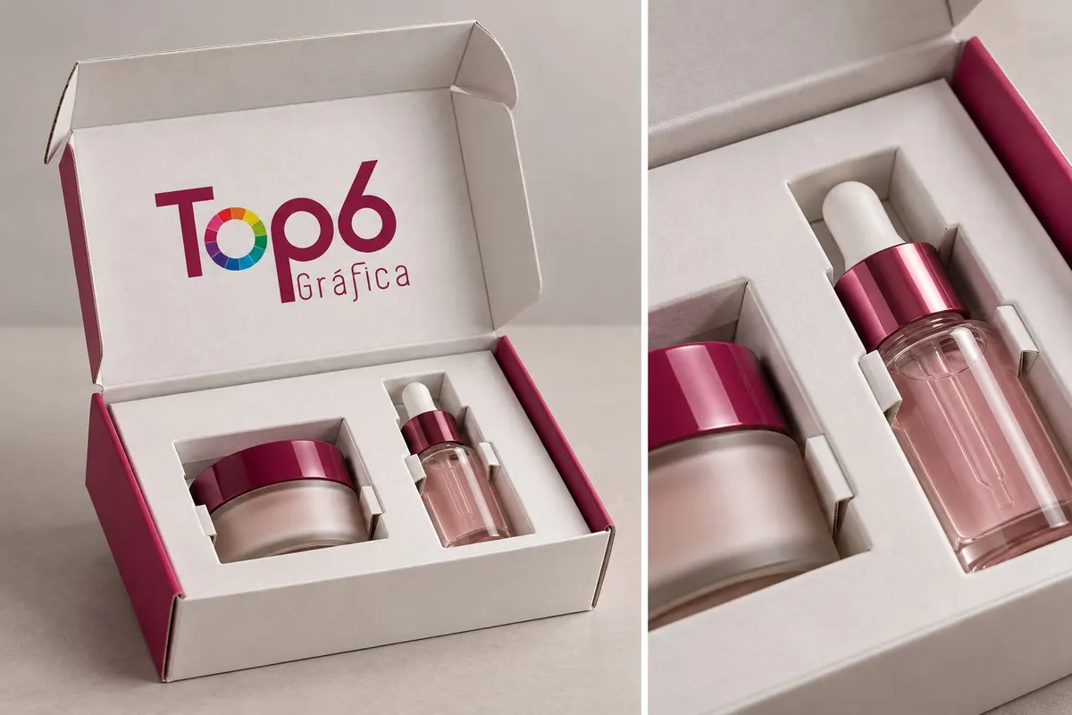 Caixa TOP6 aberta com berço interno branco recortado para acomodar um creme e um sérum