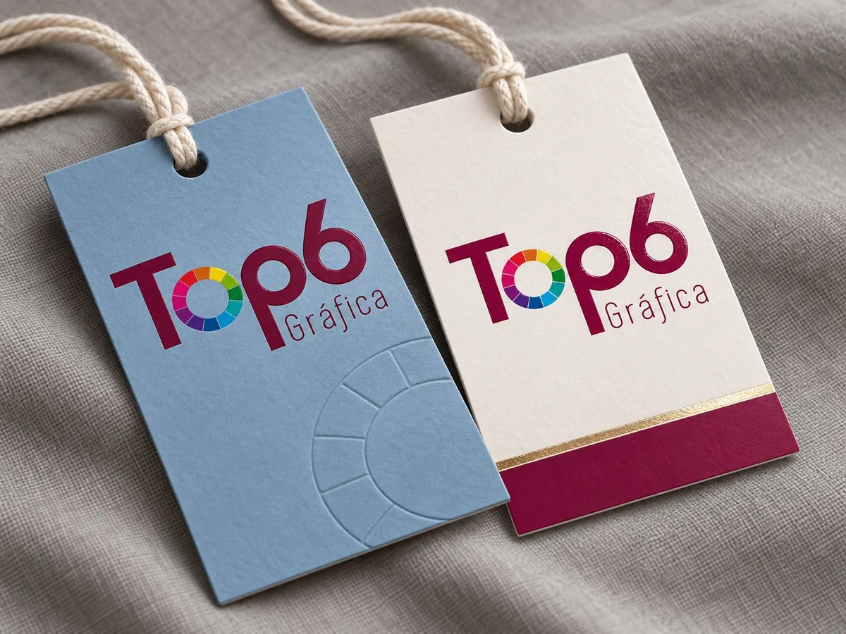 Tags TOP6 azul e off-white com acabamentos