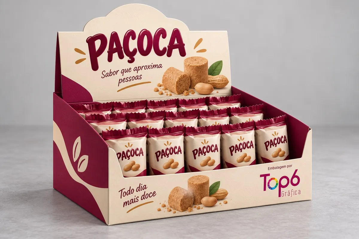 Caixa display TOP6 para paçoca, aberta e montada