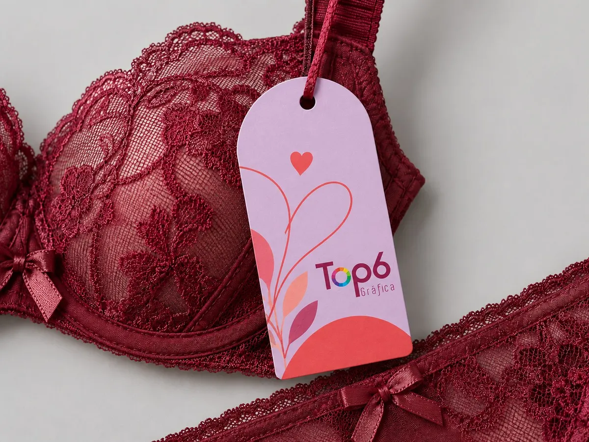 Tag lilás e coral para moda íntima, com laminação fosca