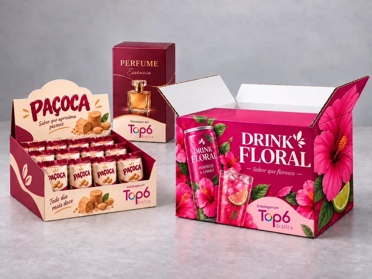 Caixa display de paçoca, caixa de cosméticos e caixa em micro-ondulado floral TOP6