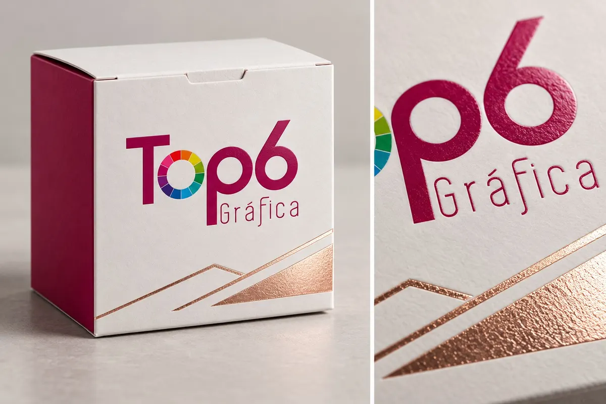 Caixa de cartão TOP6 com detalhe metalizado em hot stamping e ampliação do brilho da película