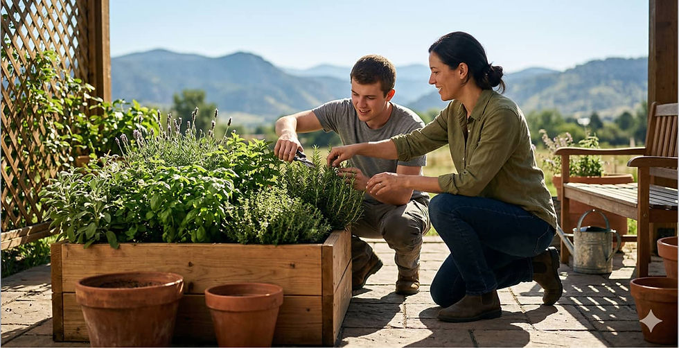 A man and woman, smiling, tend to a lush herb garden in a wooden planter on a sunny patio, with mountains in the background. Plants include basil and rosemary.