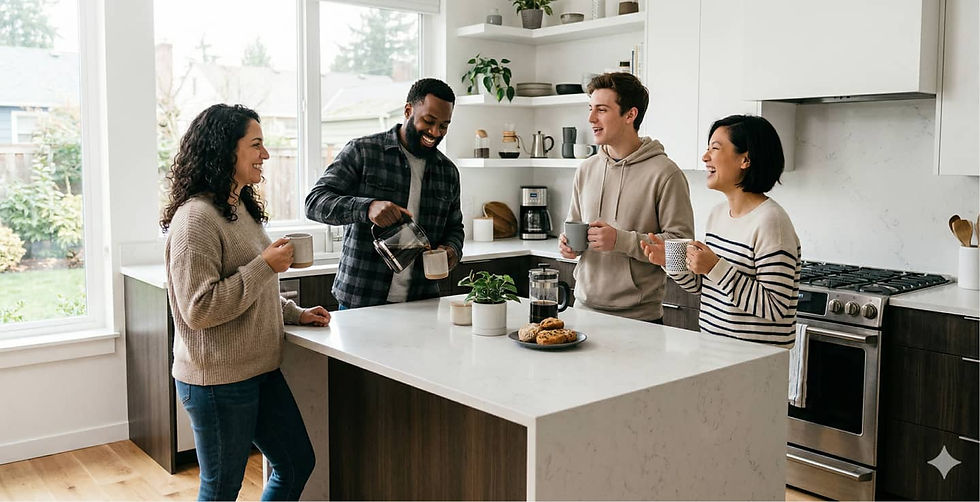 Four people enjoy coffee and conversation in a bright modern kitchen, smiling and laughing around a white island with mugs and cookies.