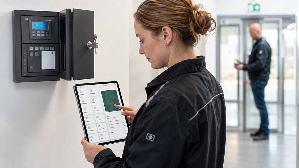 Kvinde i sort jakke betjener en tablet ved åben el-tavle; sløret mand står ved glasdør i lyst gangareal.