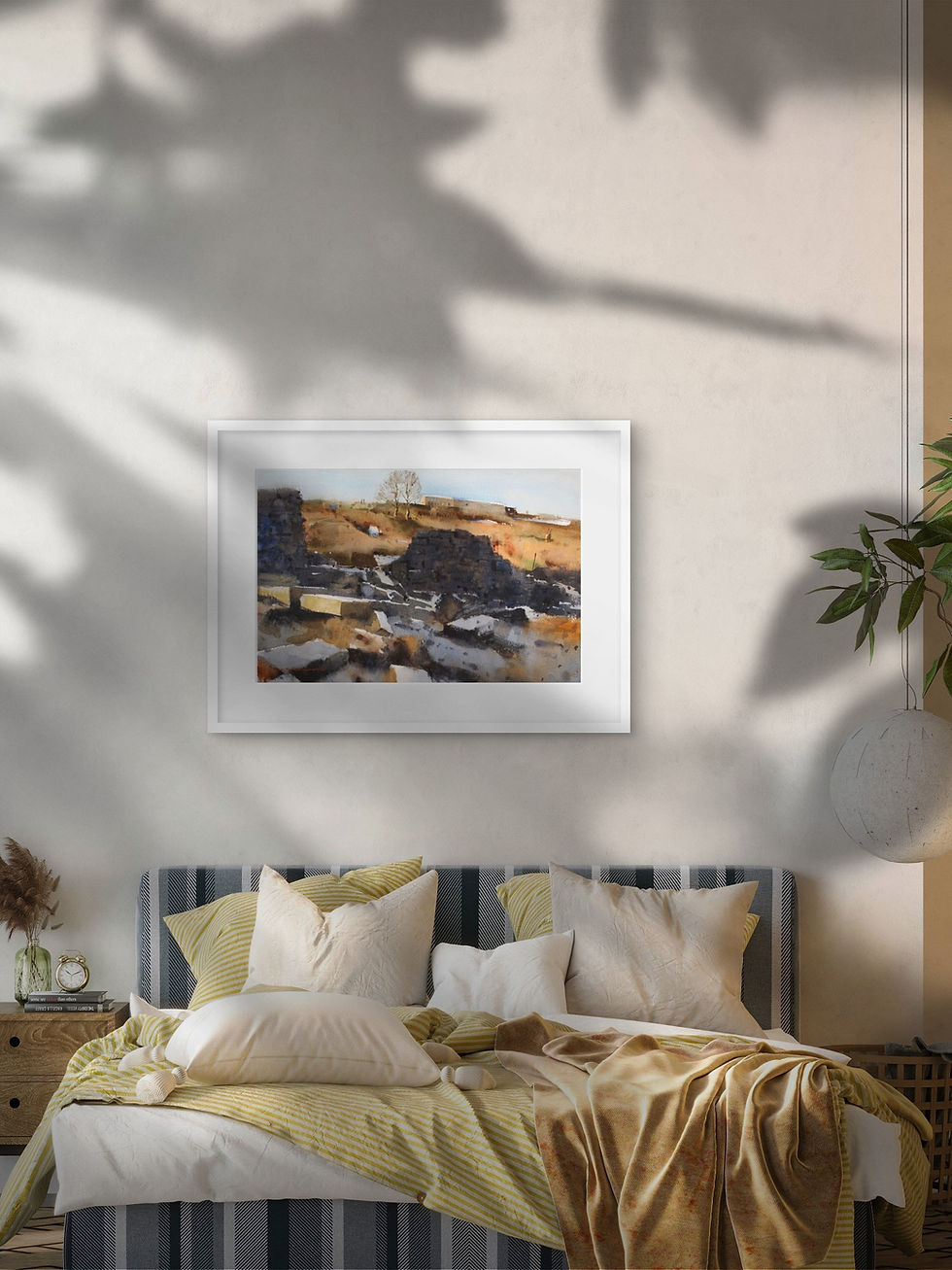 Thumbnail: Painting of a broken down wall surrounded by winter grasses hung in a bedroom