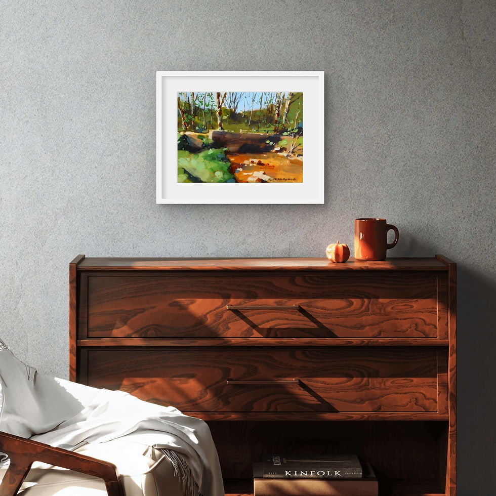 Thumbnail: painting of an orange stream with bright spring trees and a bridge